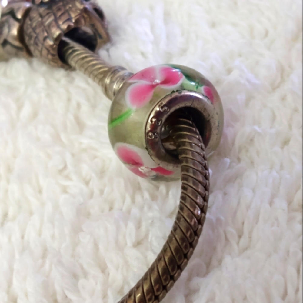 Sterling Silver Murano Glass Pink & White Flower Floral Bracelet Charm